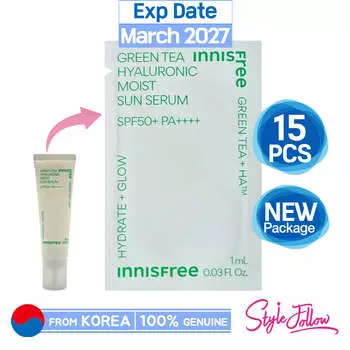 15шт/15мл_[INNISFREE] Гиалуроновая увлажняющая солнцезащитная сыворотка с зеленым чаем 1 мл (Образец Саше)(SPF50 + / PA ++++)