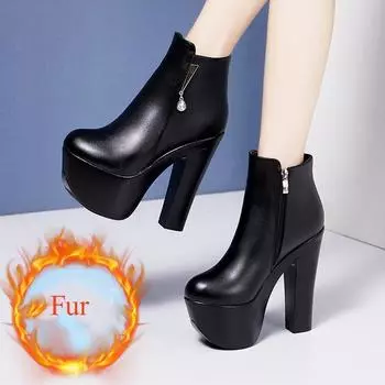 15см Маленький Размер 32-43 Сексуальные Экстремальные Блочные Высокие Каблуки Туфли Женские Ботинки Зима 2025 Толстая Платформа Ботильоны Модель Офис 32