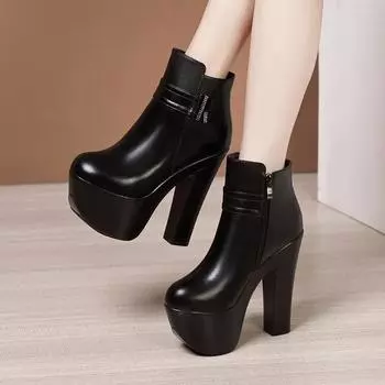 15см Маленький размер 32-43 Толстая подошва Кожаные туфли Ботильоны на платформе 2025 Зима Блочный высокий каблук Ботильоны Женские Офисная модель 32