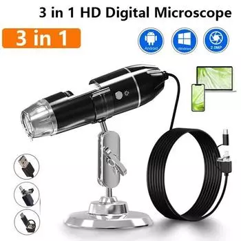 1600X 3 в 1 цифровой микроскоп камера портативный электронный микроскоп для пайки светодиодная лупа Type-C лупа с зарядкой через USB чёрный