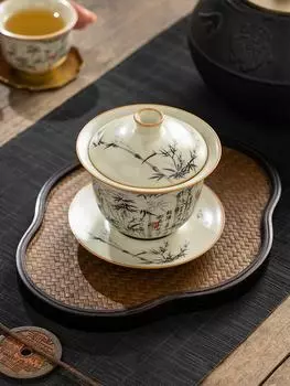 160 мл черный бамбуковый фарфоровый набор для обжига в печи Ru, гайвань для чая, супница, чайная утварь, чашка, китайская желтая керамическая открывающаяся чаша для чая, чайная церемония
