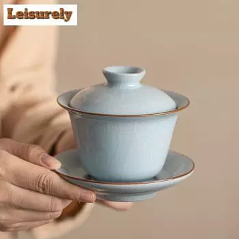 160 мл Handamde Ru Kiln Керамическая гайвань Can Nourish Золотая проволока Винтажная чайная супница Бытовая крышка для приготовления чая Чаша Чайные принадлежности Ремесло