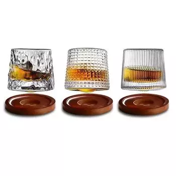 160ML novelty rotatable whiskey glass cup barware old fashioned wine glass with wooden base for Liquor Scotch Bourbon 160ML