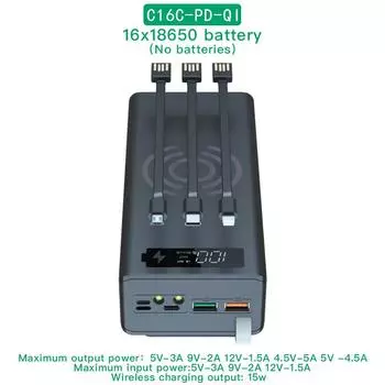 C16C 18650 DIY Power Bank Base с кабелем Micro USB Type C, фонариком, чехлом для быстрого зарядного устройства 18650, держателем для аккумулятора, зарядным устройством Normal version белый