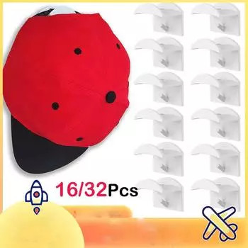 16/32Pc Self-Adhesive Hat Rack Baseball Cap Display Holder With Hooks No Drilling Wall-mounted Clothes&Hats Hanger for Wall Door 16pcs белый
