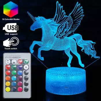 16-цветная 3D-лампа Unicorn Pegasus, светодиодный ночник для сна, настольная лампа для детской спальни, дистанционный ночник Luminaria, подарки на день рождения для детей