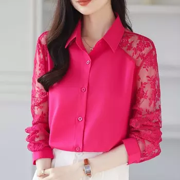 16 цветная кружевная шифоновая рубашка в стиле пэчворк, женская блузка, модный алый топ с длинными рукавами, тонкая рубашка для работы и вечеринки, однотонная S чёрный