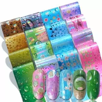 16 дизайнов ногтей, слайдер из фольги с каплями воды, голографическая наклейка с пузырьками