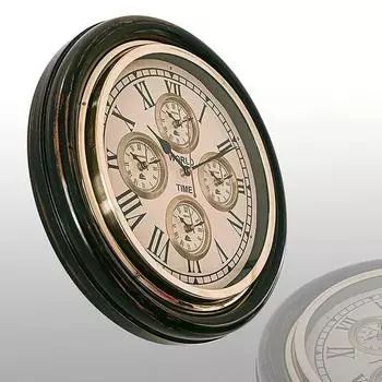 16 дюймов Деревянные круглые настенные часы с золотым кольцом Антикварный дизайн Мировое время 5 стран Украшение для домашнего офиса Лучшее
