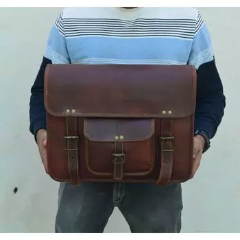16-дюймовая большая темно-коричневая винтажная сумка-портфель для ноутбука-мессенджера из чистой козьей кожи 16 x 4 x 12 in коричневый