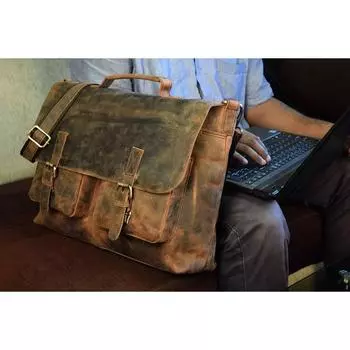 16-дюймовая кожаная сумка-мессенджер для ноутбука в стиле ретро Buffalo Hunter, офисный портфель 16 x 12 in коричневый