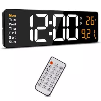 16-дюймовые цифровые настенные часы со светодиодной подсветкой, часы с дистанционным управлением и календарем, 12/24 ч, отображение даты, температуры оранжевый