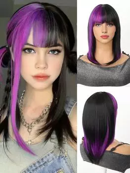 16-дюймовый фиолетовый парик, прямой парик от черного до фиолетового цвета, синтетический термостойкий парик, подходит для ролевых игр для девочек 16inch