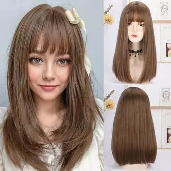 16-дюймовый парик с прямой челкой из светло-русого волокна, синтетический парик, термостойкий, не бликующий, натуральный, для косплея, для женщин, повседневная корейская мода 16inches
