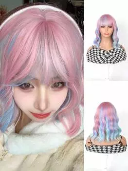 16-дюймовый средне-длинный радужный волнистый парик с челкой для девочек, термостойкие синтетические парики для музыкальных фестивалей, вечеринок, рождественских подарков 16inch