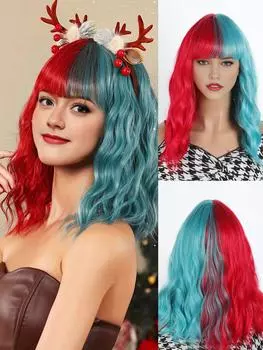 16-дюймовый волнистый вьющийся двухцветный синтетический парик с челкой для рождественского стиля, подходит для женщин на праздники 12inch