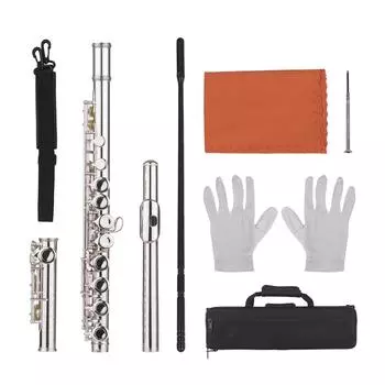 16 Holes Closed Hole Flute C Key Flutes Cupronickel Woodwind Instrument with Cleaning Cloth Rod Gloves Screwdriver серебряный