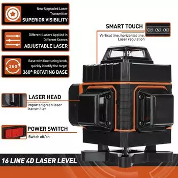 16 линий 4D зеленый лазерный уровень 360 горизонтальных и вертикальных перекрестных линий с автоматическим самовыравниванием супер мощный