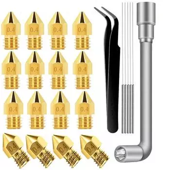 16 шт. 0,4 мм насадки для 3D-принтера MK8 насадки для экструдера, с 5 иглами для чистки сопел из нержавеющей стали, 1 прецизионный пинцет, 1 гаечный ключ для насадок