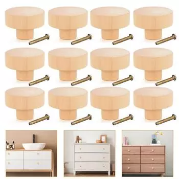 16 шт., деревянная ручка для мебели, винтовое крепление из натурального дерева, элегантная круглая ручка с одним отверстием, сменные аксессуары для ящика шкафа 16pcs