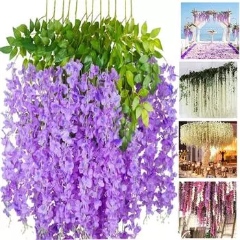 16 шт. искусственных цветов глицинии Ратта, очень длинная толстая лоза, подвесная гирлянда, шелковая гирлянда глицинии для домашнего декора, вечеринки, свадьбы Purple-16pcs