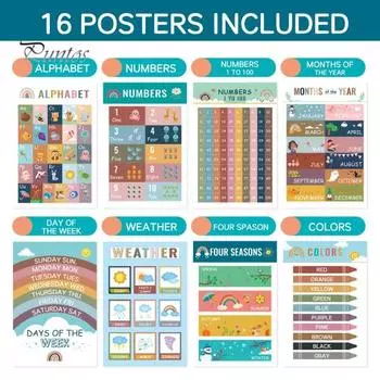 16 шт./компл. образовательный плакат алфавит цифры животные цвет погода обучение детский сад дошкольное раннее образование настенное украшение Sets