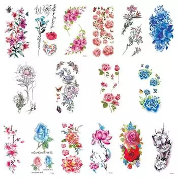 16 шт./компл., водонепроницаемые временные татуировки, наклейки для переноса воды, цветные цветы, боди-арт для женщин, девушек, красивый сексуальный макияж