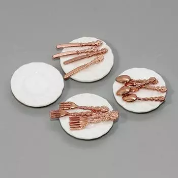 16 шт. миниатюрный нож вилка ложка тарелка столовые приборы кукольный домик кухонное украшение розового золота