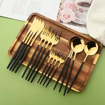 16 шт. Набор столовых приборов из черного золота и зеркала из нержавеющей стали, нож, вилка для торта, ложка, набор столовых приборов для кухни, столовые приборы, столовое серебро