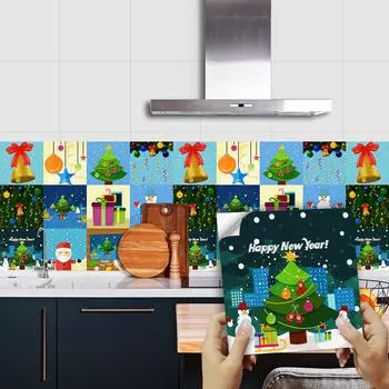 16 шт., наклейка на плитку с рождественским узором, кухонный шкаф, ванная комната, домашний декор, самоклеящаяся кристаллическая жесткая пленка, художественные наклейки на стены 10cm*10cm*16Pcs