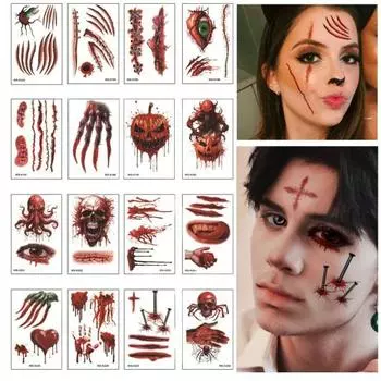 16 шт. наклейки для татуировки шрам на Хэллоуин реалистичные 3D временные наклейки для косплея для боди-арта