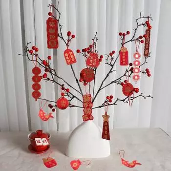 16 шт., новогоднее подвесное украшение, золотой китайский иероглиф, 2024 год Дракона, фестиваль весны, растение в горшке, красный подвесной орнамент, кулон E