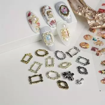 16 шт. подвески для ногтей в стиле ретро в стиле барокко - полые металлические украшения для ногтей в стиле панк для женщин и девочек - подвески в форме рамки для ногтей с гравировкой для дизайна ногтей своими руками