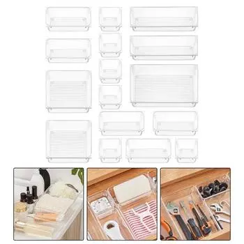 16 шт., прозрачные ящики для хранения, пластиковые штабелируемые выдвижные ящики, противоскользящие разделители, органайзеры для ванной комнаты, туалетный столик, посуда для макияжа, кухня, офис 1 Set