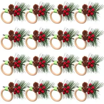 16 шт. Рождественские держатели для салфеток с шишками, держатели для салфеток из дерева, рождественские кольца для салфеток, сервировка обеденного стола, украшения