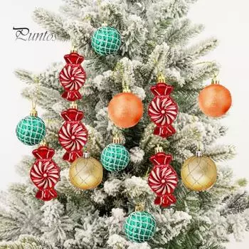 16 шт. Рождественские шары, украшения для елки, пластиковые трости, леденцы, колокольчики, подвесные украшения, праздничные принадлежности для вечеринок розовый