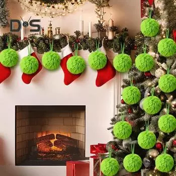 16 шт. Рождественские зеленые шары, пушистые шары, подвесные украшения для рождественской елки, подвеска из искусственного меха с помпоном для домашнего офиса, школы, декора 16pcs