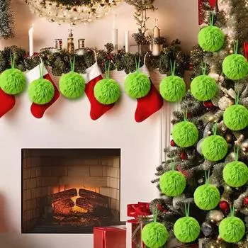 16 шт. Рождественские зеленые шары, пушистые шары, подвесные украшения для рождественской елки, подвеска из искусственного меха с помпоном для домашнего офиса, школы, декора 16pcs