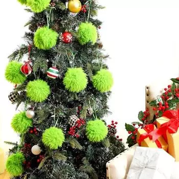 16 шт. Рождественские зеленые шары, пушистые шары, подвесные украшения для рождественской елки, подвеска из искусственного меха с помпоном для домашнего офиса, школы, декора 16pcs