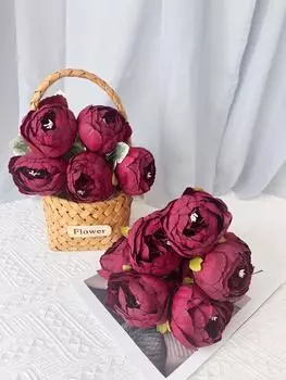 16 шт. шелковый пион искусственный цветок со стеблями и 4 шт. листья искусственные головки цветов для свадебного украшения DIY декоративный венок вечерние домашний декор бордовый