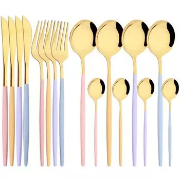 16 шт. столовая посуда кремового цвета, желтое, серебряное серебро, набор посуды из нержавеющей стали, ложка, нож, вилка, столовые приборы в западном стиле, домашний набор столовых приборов Silver
