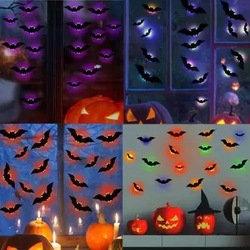 16 шт. светодиодные наклейки на стену в виде летучих мышей на Хэллоуин, 3D светящиеся наклейки на стену в виде летучих мышей на Хэллоуин фиолетовый