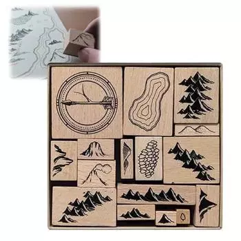 16 шт. винтажных деревянных штампов с изображением гор, лесов и вулканов, набор топографических штампов для самодельных карт, скрапбукинга 1 Set