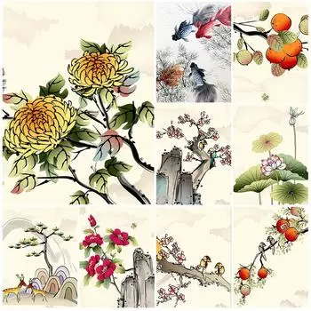 16 стилей, декоративная живопись, холст, тушь, цветок, украшение, постер для дома, гостиной, настенный художественный декор, фон 420*594mm