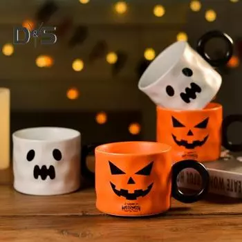 16 унций тыквенная кружка керамическая кофейная чашка с ложкой счастливый узор Хэллоуин жуткий дизайн тыквы безопасная микроволновая печь посуда для напитков подарки для взрослых детей женщин белый