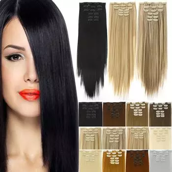 16 зажимов, длинные прямые синтетические заколки для наращивания волос из высокотемпературного волокна, черно-коричневый шиньон