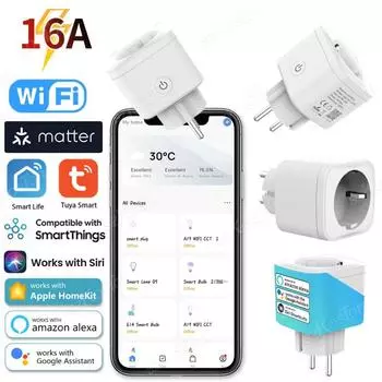 16A/20A Matter WiFi Smart Plug Tuya Smart Socket Бытовая техника Power Outlet для HomeKit SmartThings Работает с Siri Alexa Google 16A