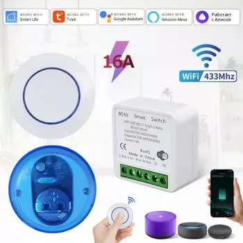 16A Tuya WiFi Smart Light Switch 433Mhz Wireless Relay Receiver Mini Round Panel Switch APP Voice Control Alexa Google Home Remote Switch