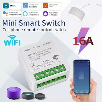 16A Tuya WiFi Smart Switch 2-позиционный мини-умный выключатель работает с Smart Life Alexa Google Home Alice