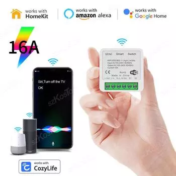 16A WiFi Smart Switch для HomeKit Mini Smart Breaker 2 Way Lights Control Работает с Siri Alexa Google Home Cozylife APP 1PCS